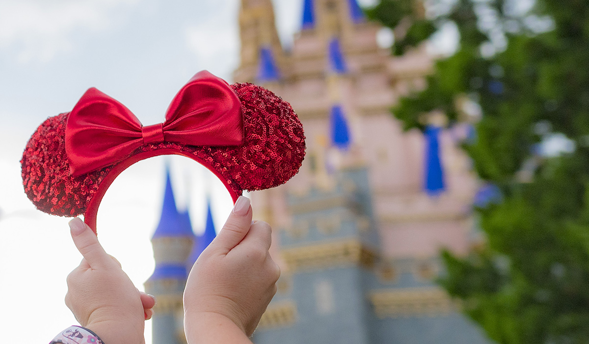 Minnie Ears in front of Cinderella's Castle at the Magic Kingdom, Walt Disney World.